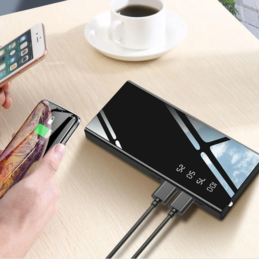 Black 20000mAh power bank with LCD display showing battery percentage, dual USB ports, and compact rectangular design