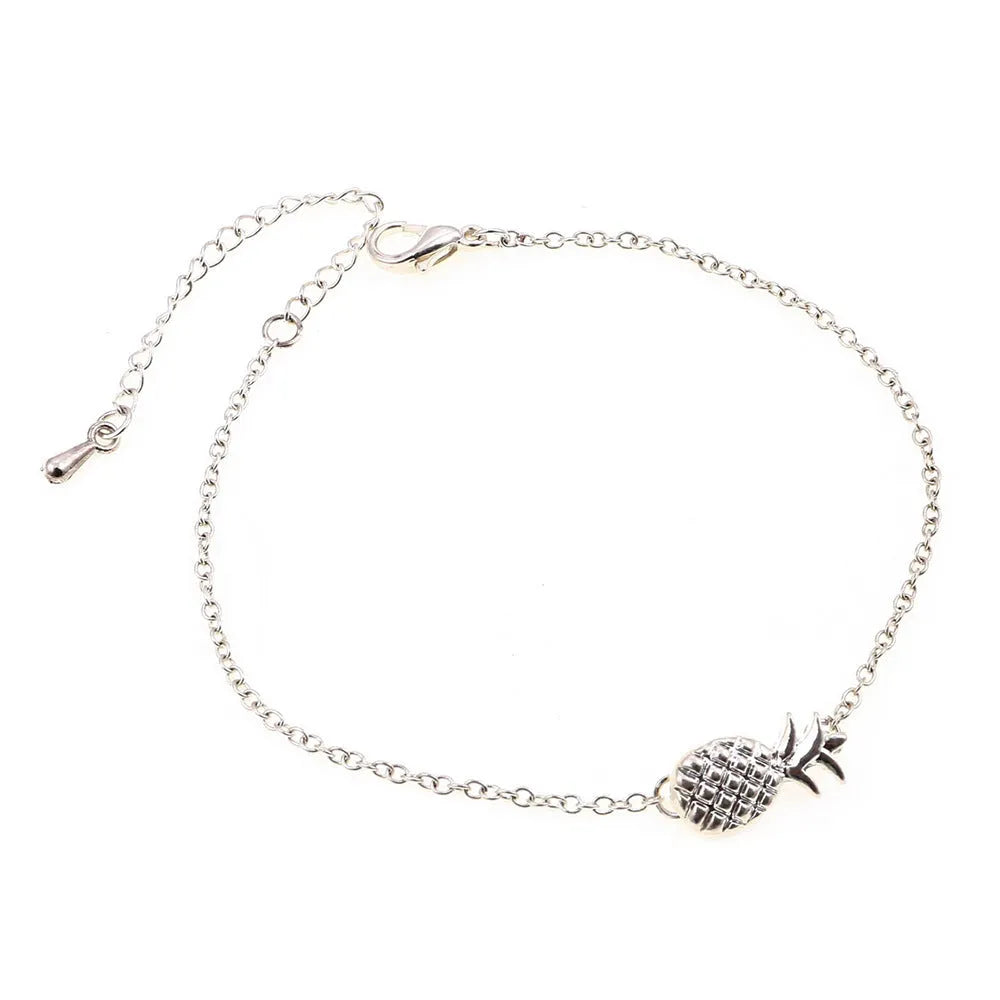Adjustable women's pineapple bracelet with alloy fruit charm in gold or silver finish, showing clasp and chain details