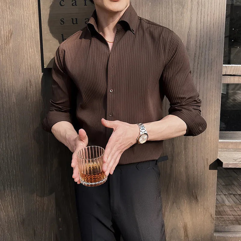 Men's dark stripes V-neck long sleeve shirt in chemical fibre blend, available in black, white, brown, green, sizes M to 4XL