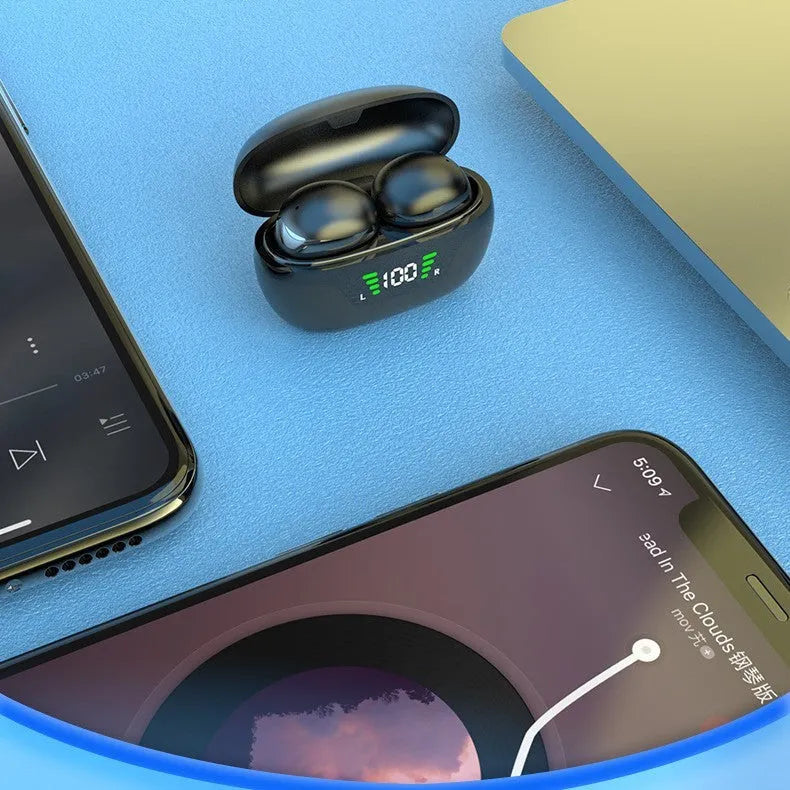 Black Super Mini wireless Bluetooth in-ear headset with charging cable.