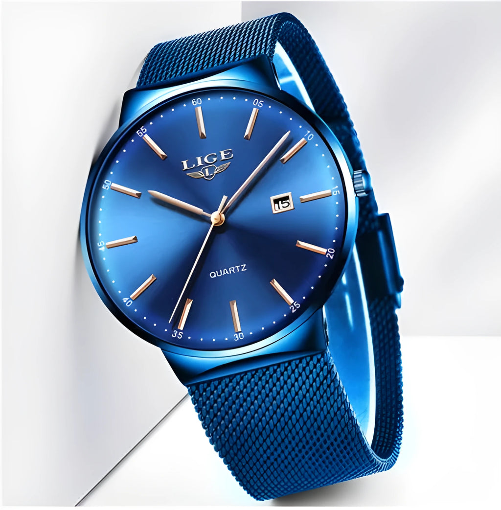 Men's stainless steel watch with 40mm case, available in black, blue, and black-blue colour options