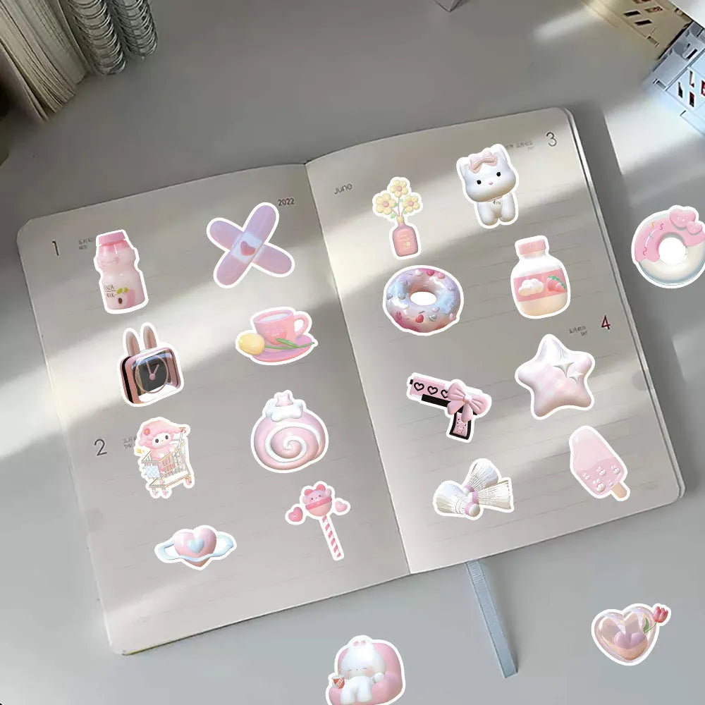 Light colour realistic 3D decorative stickers with pink girl heart designs, 63 pieces per pack