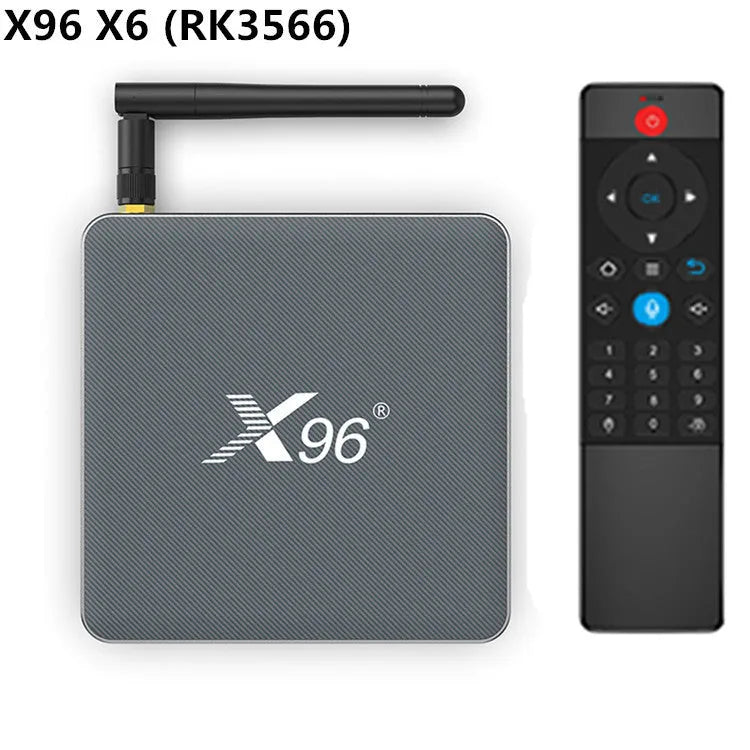 Smart voice set-top box with remote control, HDMI cable, and power adapter on a table