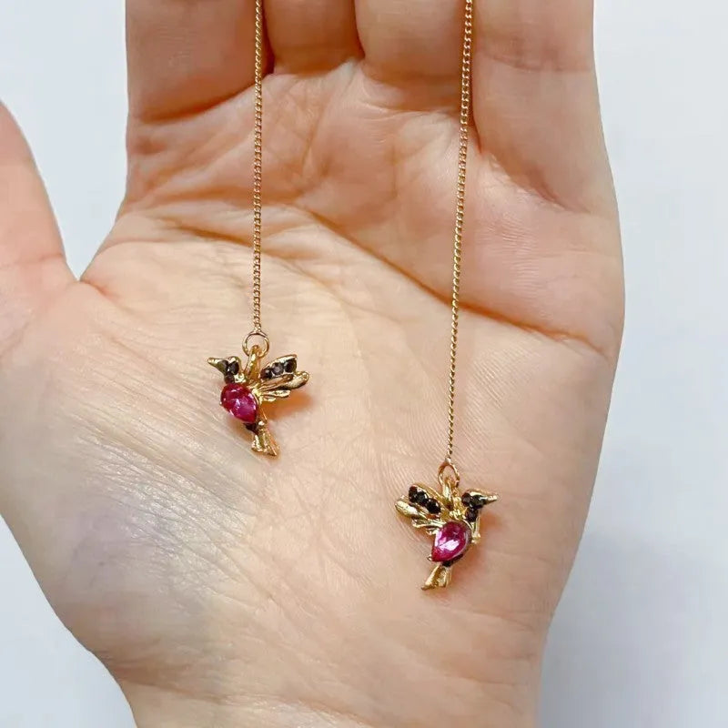 Bird hanging earrings with mixed zirconium wings design in blue, red, and red lvzuan colour options