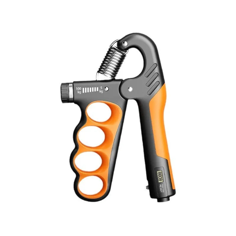 Adjustable electronic count spring grip with digital display, orange counter, and contoured PP handles for hand strength training