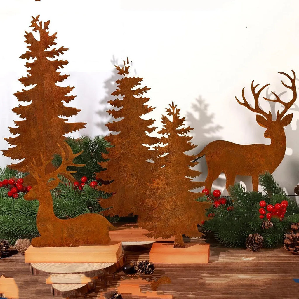 Three metal Christmas tree ornaments with elk designs, rusty iron finish, 15-25cm height