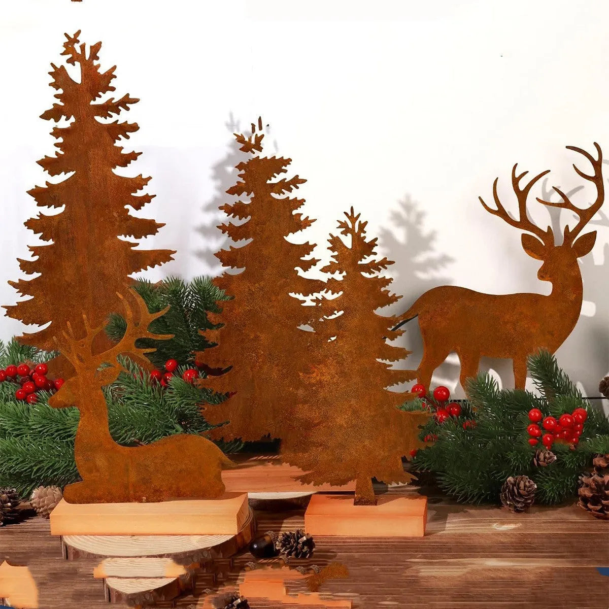 Three metal Christmas tree ornaments with elk designs, rusty iron finish, 15-25cm height