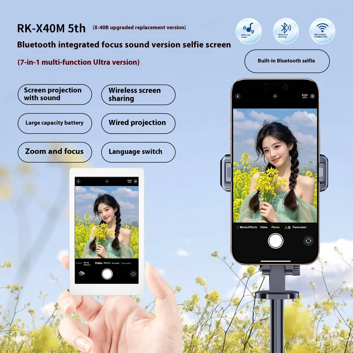 X40M Audio Zoom black magnetic mobile phone projector showing dimensions and USB port