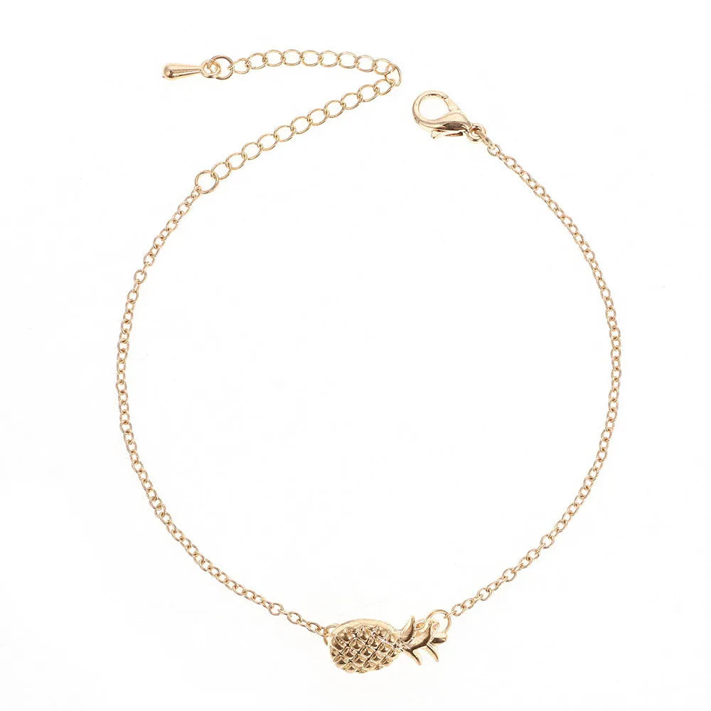 Adjustable women's pineapple bracelet with alloy fruit charm in gold or silver finish, showing clasp and chain details