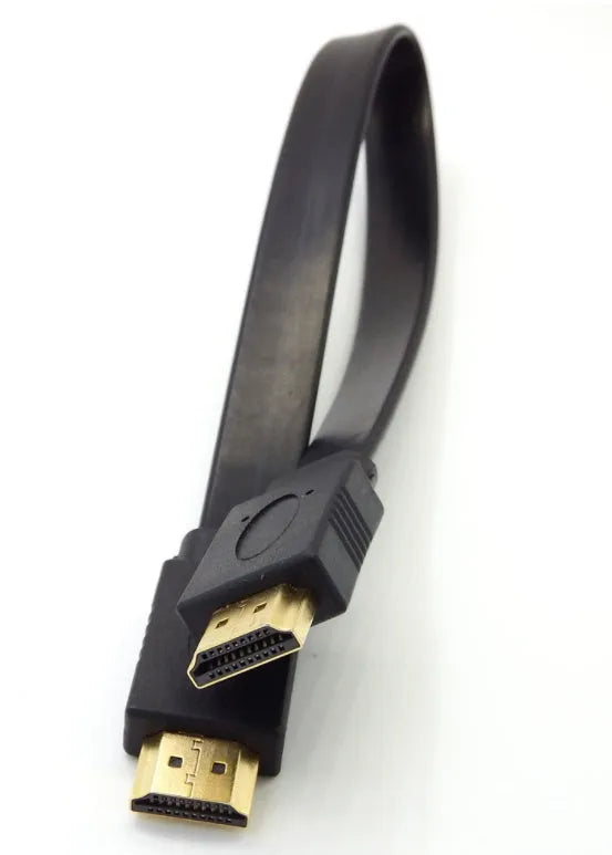 Flat HDMI cable showing length options from 0.3m to 10m with 1080p resolution support