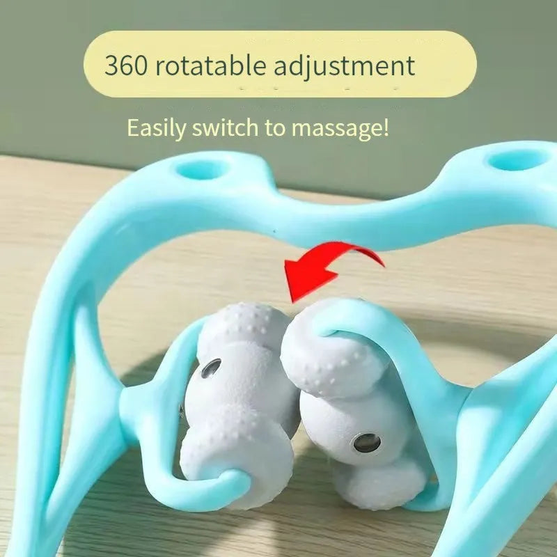 Blue handheld neck massager roller with acupressure nodes shown on a grey background.