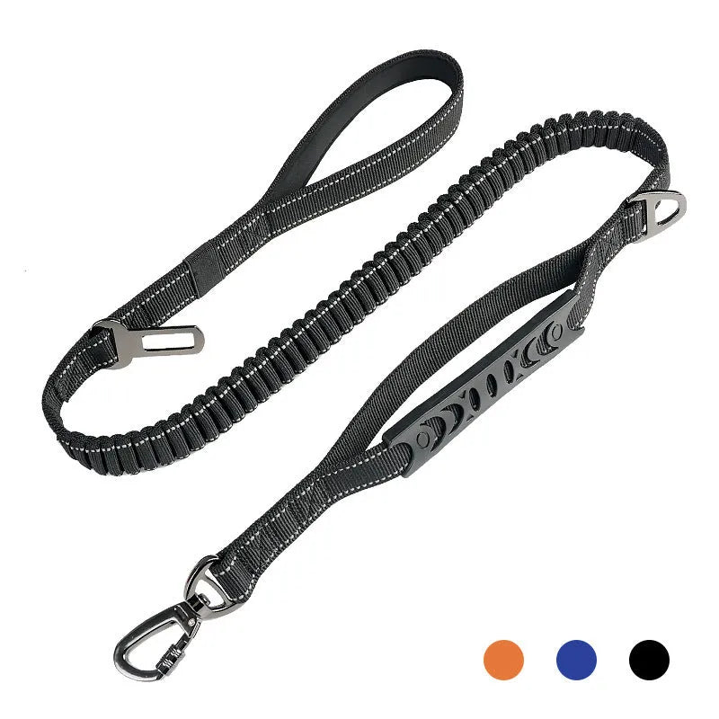 Pet hand holding rope buffer retractable reflective traction belt in black, khaki, or orange colours