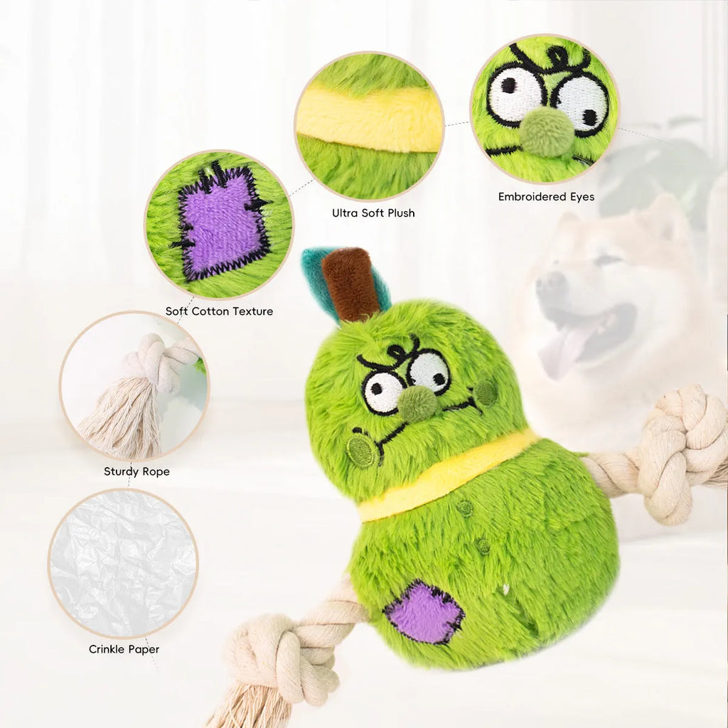 Green and purple interactive dog plush rope knot tug toy with bite-resistant texture