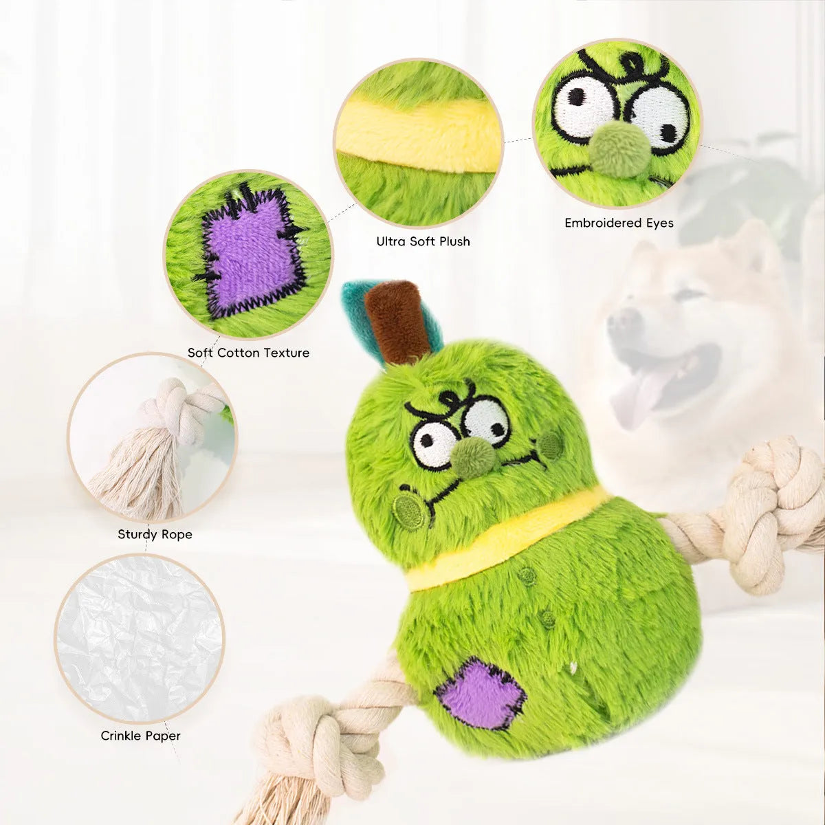 Green and purple interactive dog plush rope knot tug toy with bite-resistant texture