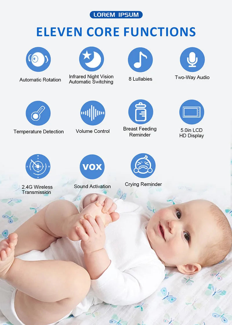 White 5-inch HD wireless baby monitor and camera on a nursery shelf