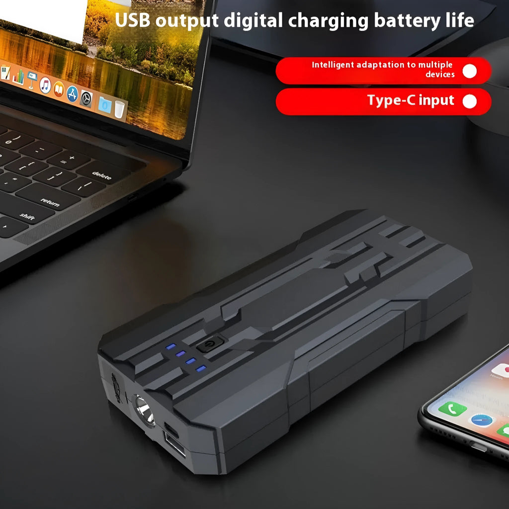 Portable 12V car jump starter 8000mAh with dual USB ports, LED light and 160x79x28mm size