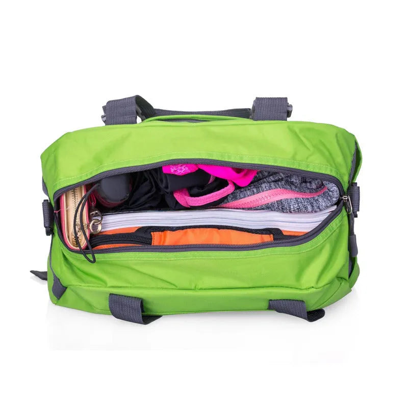 Waterproof nylon yoga and gym bag in black, shown in medium and large sizes.