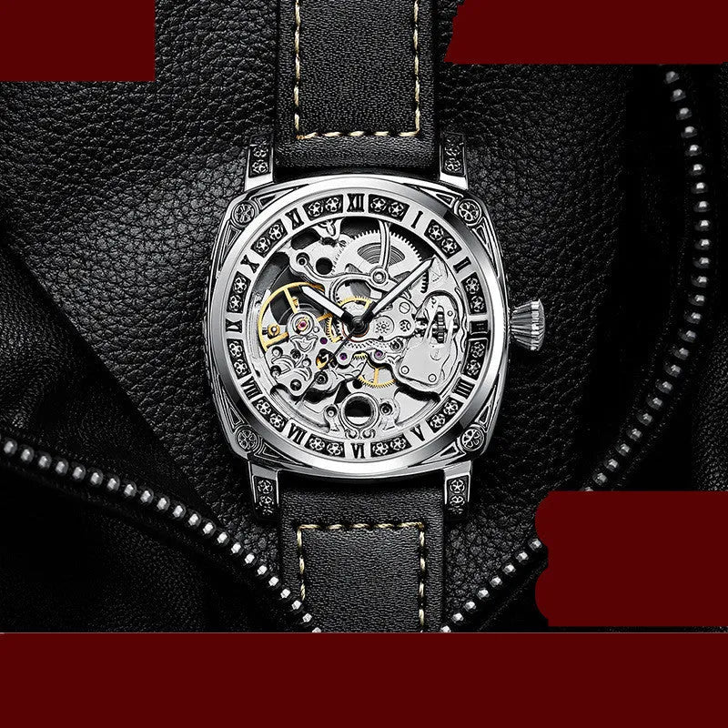 Men's mechanical business watch with 43mm dial, 14mm thick metal case, black leather strap, 30M water resistant