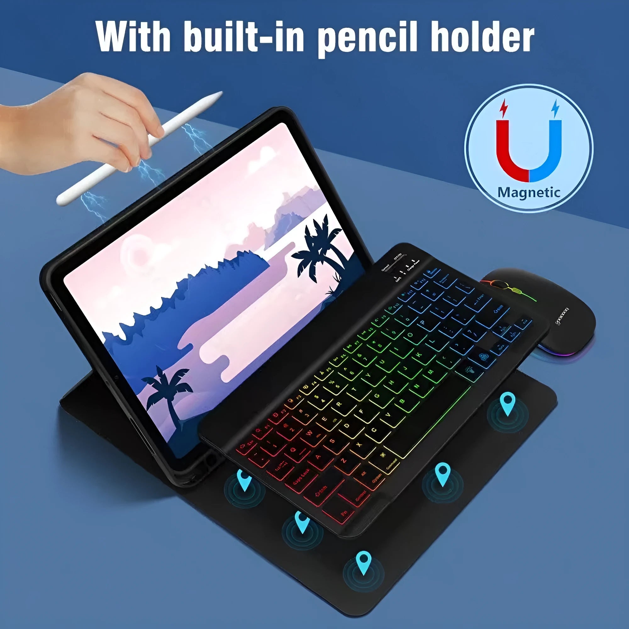 iPad protective case with integrated luminous Bluetooth keyboard and shockproof TPU construction