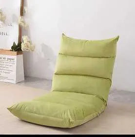 Beige adjustable backrest lazy sofa floor chair folded flat showing fabric texture and reclining mechanism