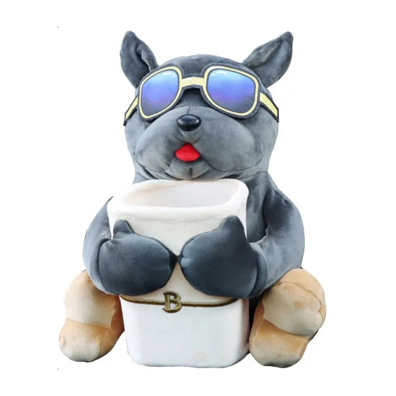 Men's car tissue box with plush fabric hanging from vehicle armrest showing character design options