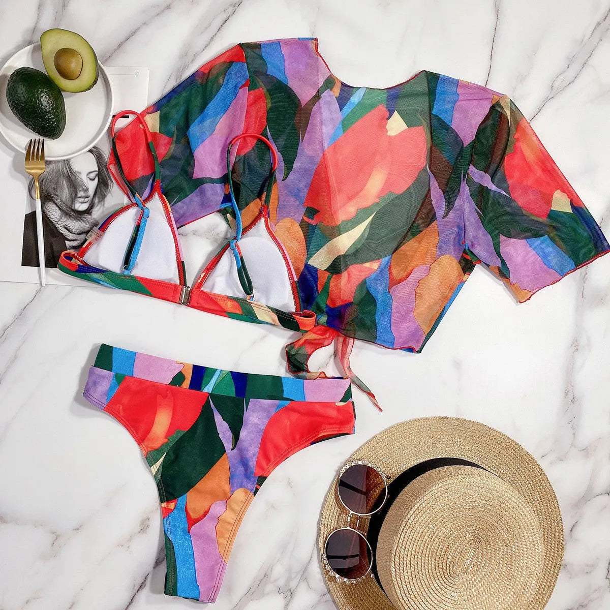 Red women's printed split swimsuit with surf styling and nylon fabric