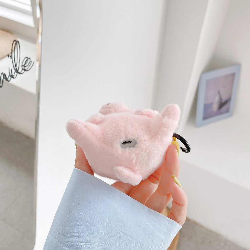 Pink pig cartoon plush earphone case for Apple AirPods 1 and 2, PC back cover with injection moulded shell