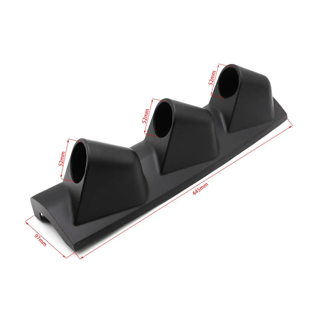 Black ABS plastic instrument stand with three mounting holes for 52mm racing gauges in right-drive configuration