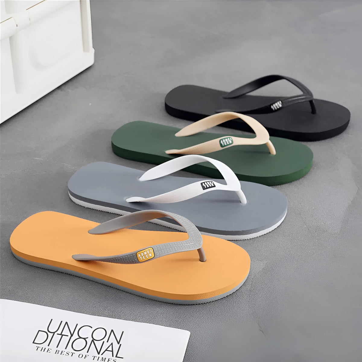 Men's flip-flops with vulcanised rubber soles and EVA upper in black, green, orange and grey colours