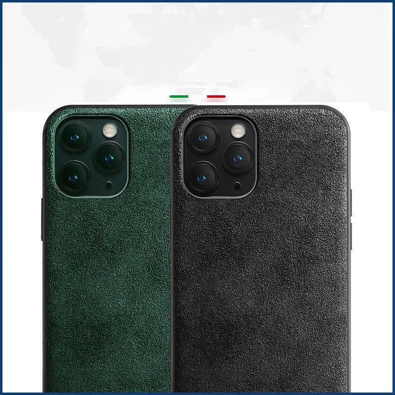 A luxury suede iPhone back cover in dark blue, shown fitted on a smartphone.