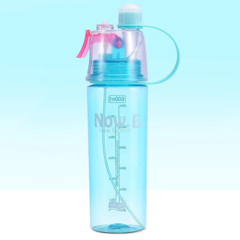 Portable outdoor mist spray water cup with transparent body, handle, and spray nozzle in green colour