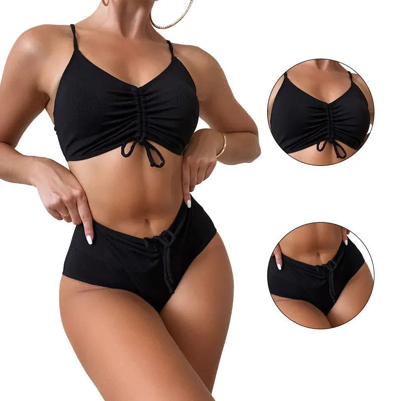 Black women's high waist bikini swimsuit with sling split design showing front view