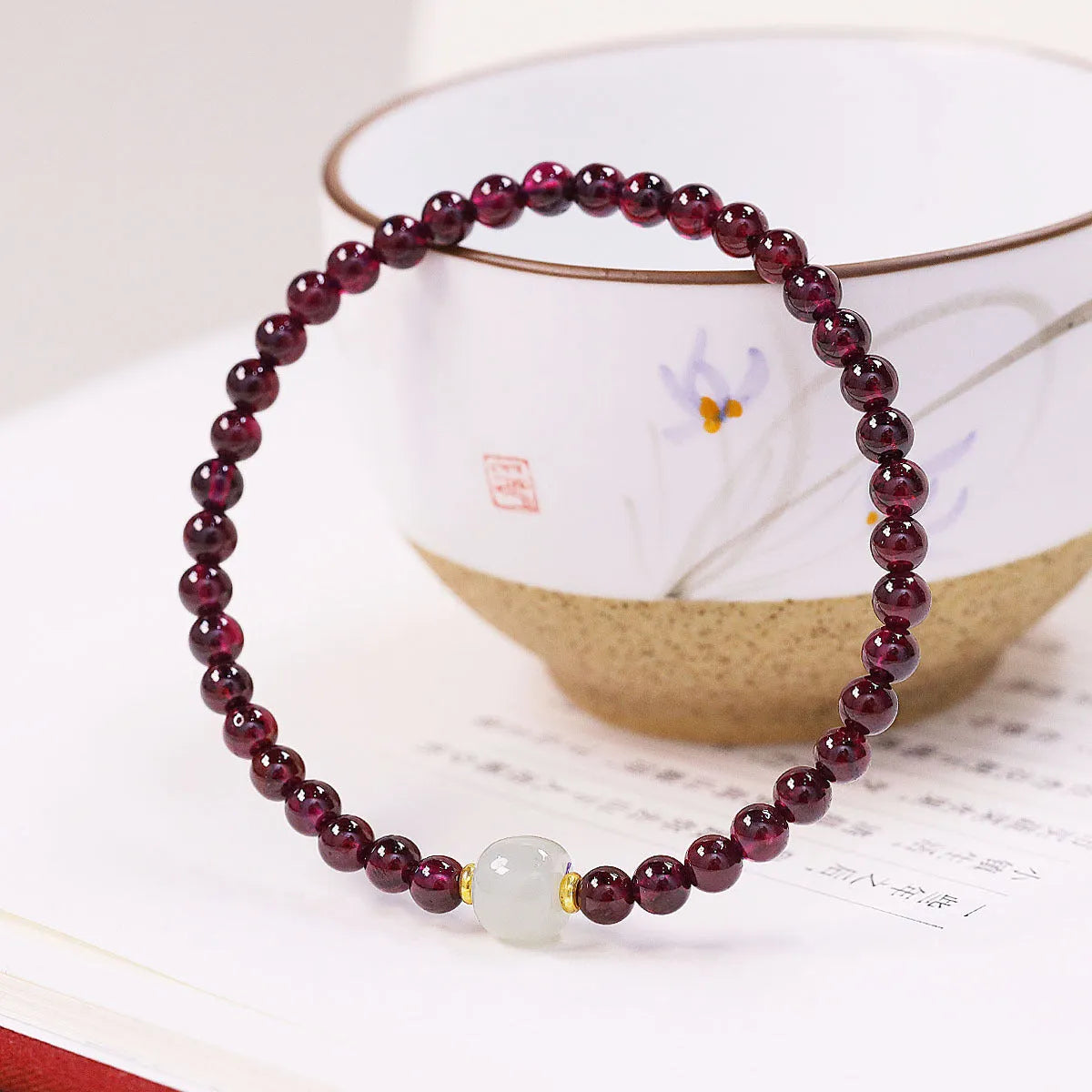 Natural garnet women's bracelet with U-shaped design in 4mm or 6mm polished beads