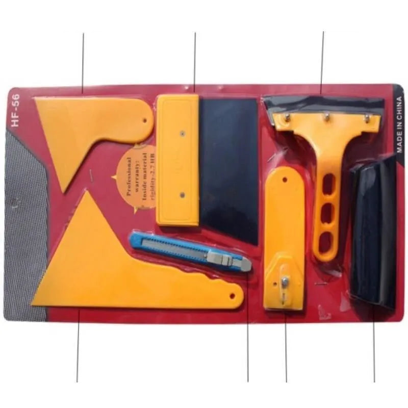Seven-piece car foil tool set with scrapers, knives, and pressing block for film application