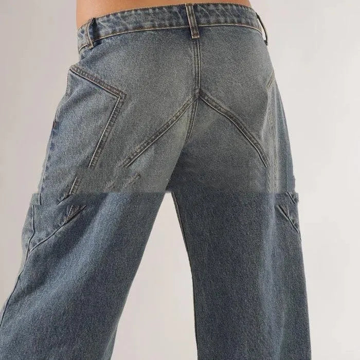 Loose straight wide leg mop trousers in blue, low waist, cotton fabric, loose fit design