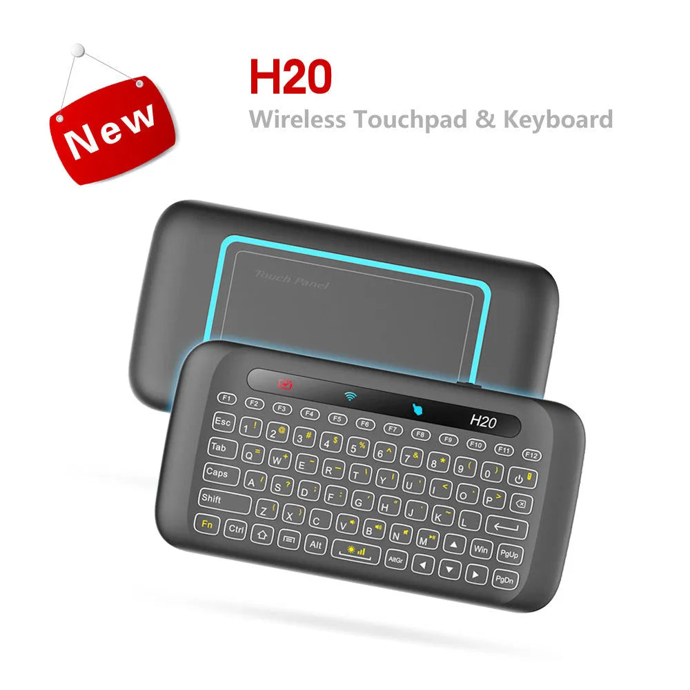 H20 black mini wireless keyboard with touchpad, air mouse, 69 backlit keys, and USB receiver