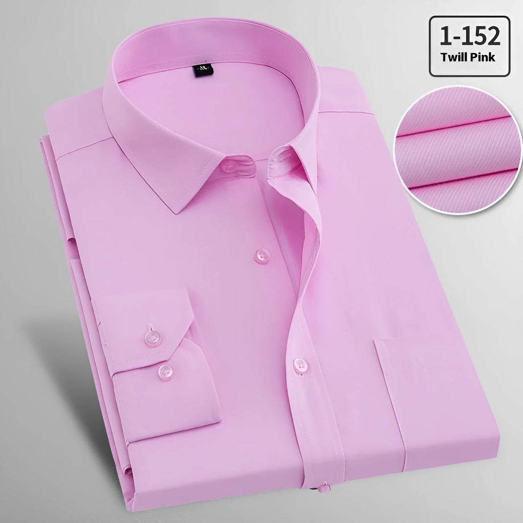 Men's long sleeved linen shirt in pink diagonal check pattern on a hanger.