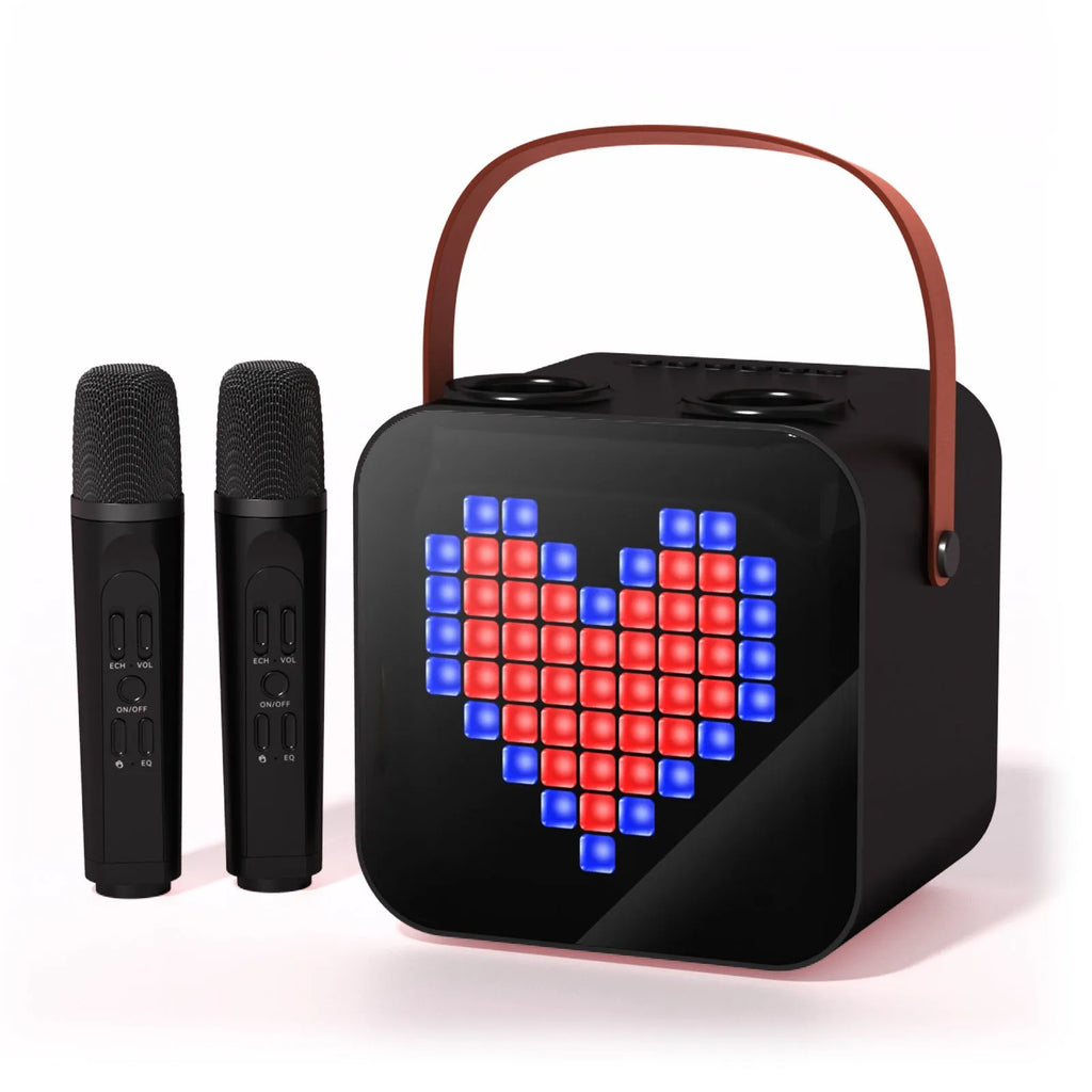 Portable Bluetooth karaoke speaker in black with two wireless microphones, 15W output, RGB rhythm light, and iron mesh front.