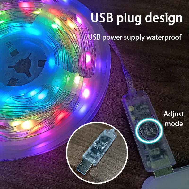 10-metre long flexible LED light string with 100 multi-colour bulbs lit up in a garden setting.