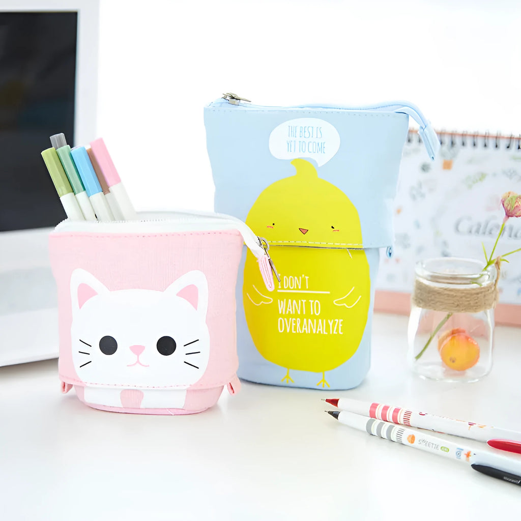 Round canvas pencil bag with Korean cartoon pattern measuring 19cm long