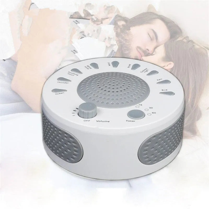 White noise sleep instrument with control knobs showing nine sound options and automatic timer settings