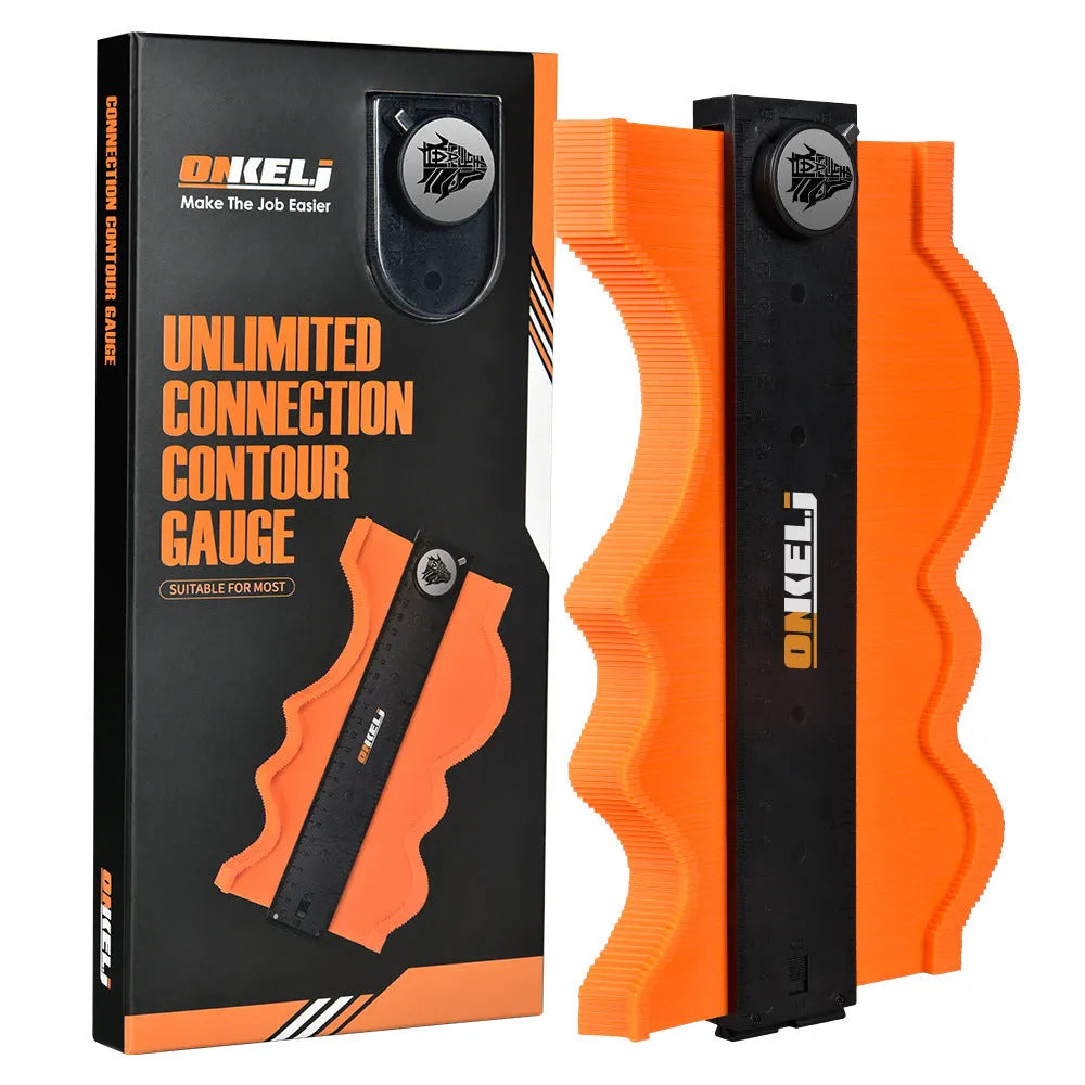 Contour gauge with extended pins profiling curved shape, showing lock belt mechanism and stainless steel construction
