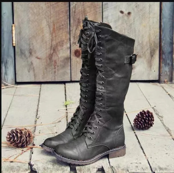 Chunky heel high leg boots in black, wine red, or brown with round toe and 1-3cm low heel