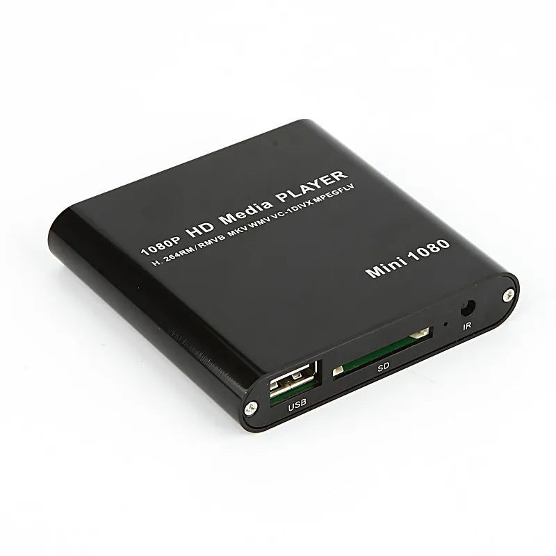 Compact black and blue Full HD 1080p media player with remote control on a wooden surface.