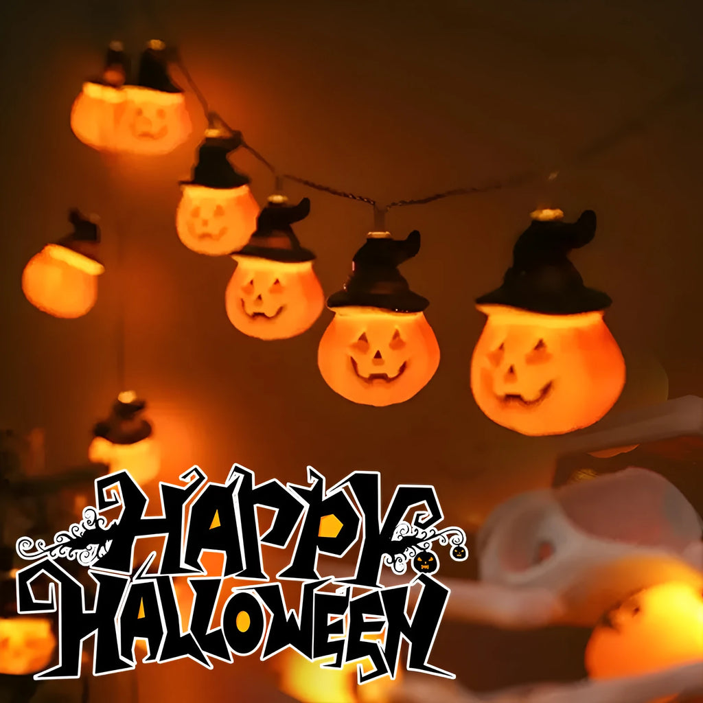 Halloween LED string lights with pumpkin, ghost and bat shaped covers, battery operated, PVC shell, warm white.