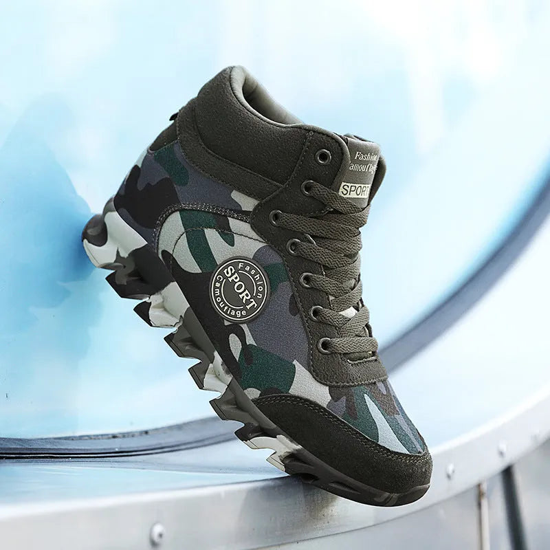 Women's green camouflage canvas sneakers with rubber sole, shown in casual setting
