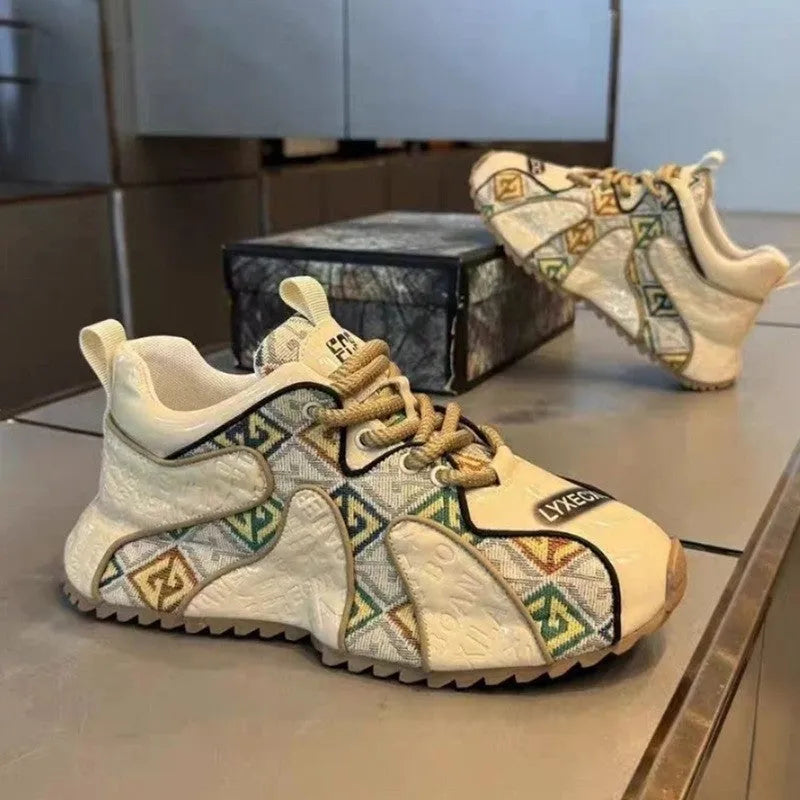 Men's creamy-white casual lace-up shoes with embroidery stitching on the artificial PU upper and a thick platform rubber sole.
