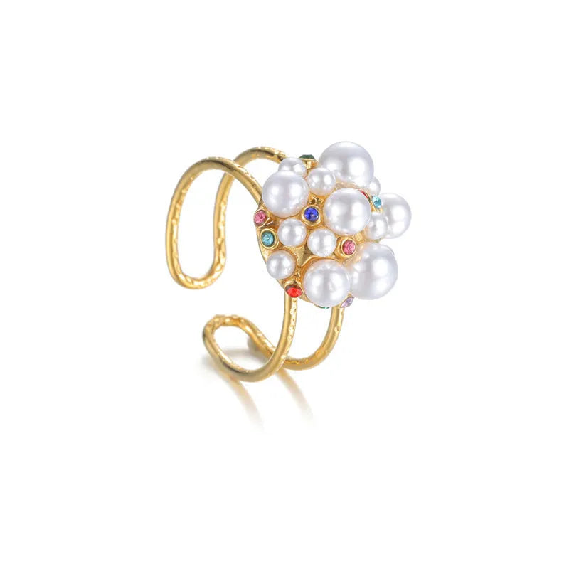 Women's stainless steel open ring with pearl and zircon stones in heart or round styles