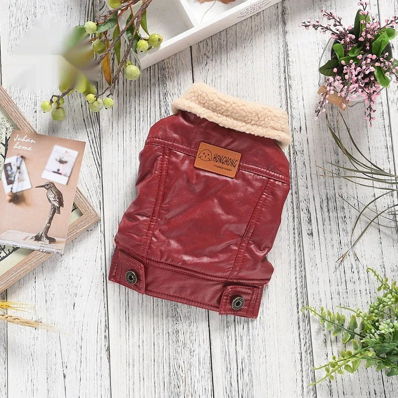 Fleece-lined PU leather dog coat in British style for winter warmth and weather protection