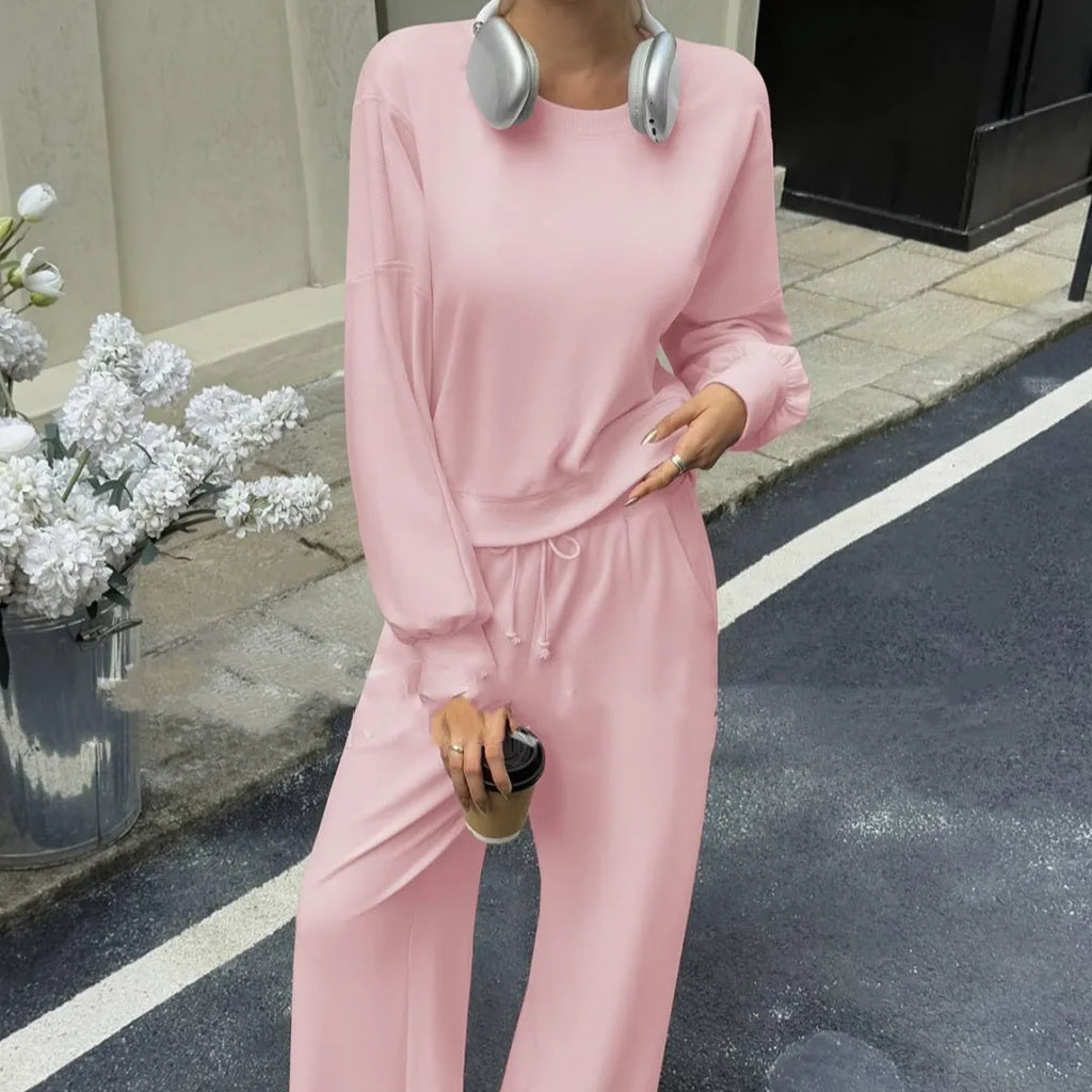 Women's solid colour two-piece set with long sleeves, trousers, and collage stitching in street hipster style